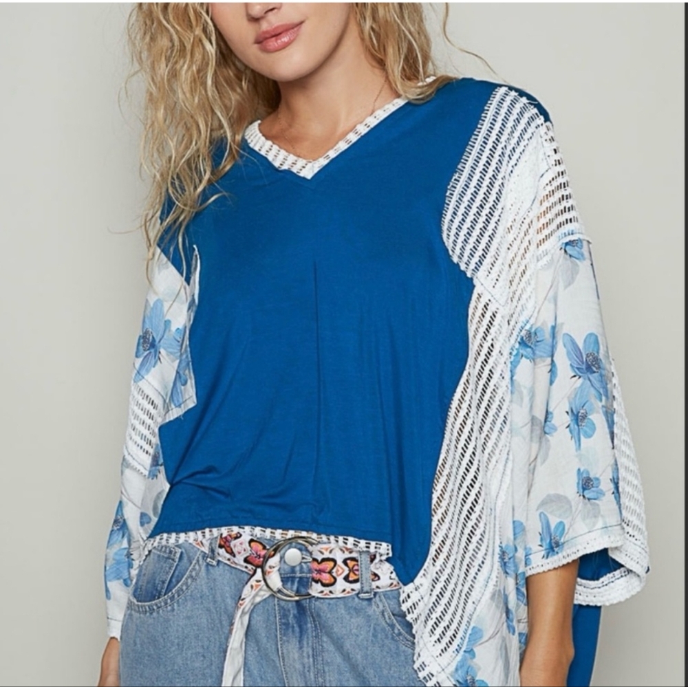 NEW POL contrasting patchwork lace Floral oversized high low Top Lapis Blue